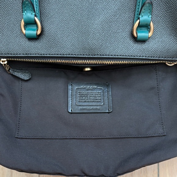 Coach Surrey Carryall Black Satchel w/ Ostrich Embossed Teal Leather Handles - Picture 11 of 15